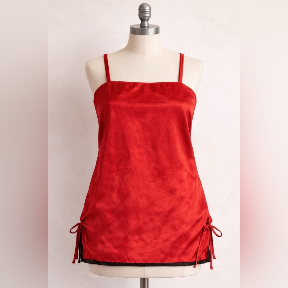 Vintage Red Satin Chemise Nightie Side Ruched Spaghetti Strap Lingerie Y2K